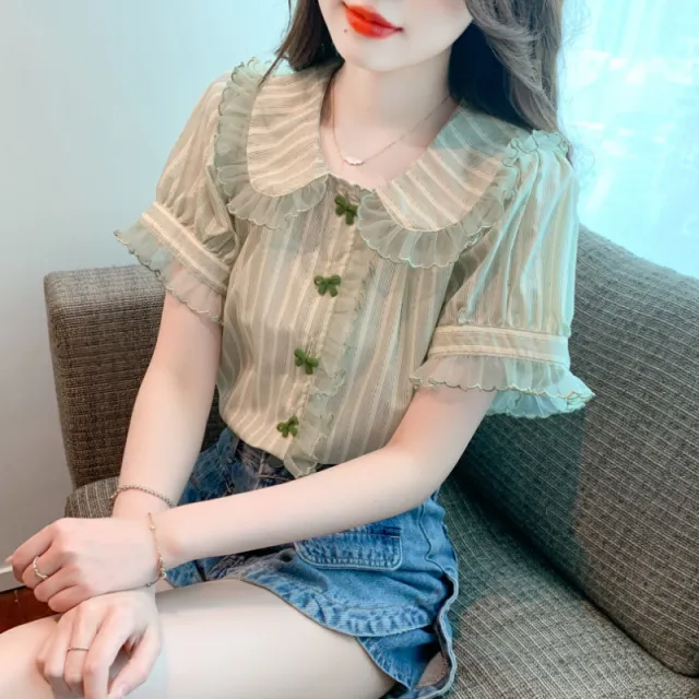Doll Collar Bell Sleeve Lace Shirt Chiffon Shirt Top Light Green - Shop at LoveMi