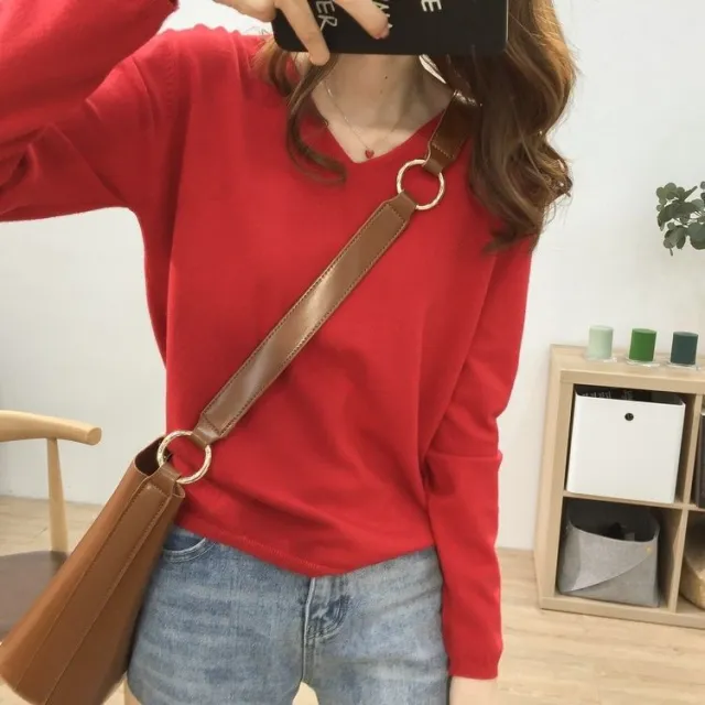 Solid Color Inner Wear Bottoming Shirt Sweater For Women Red - Shop at LoveMi