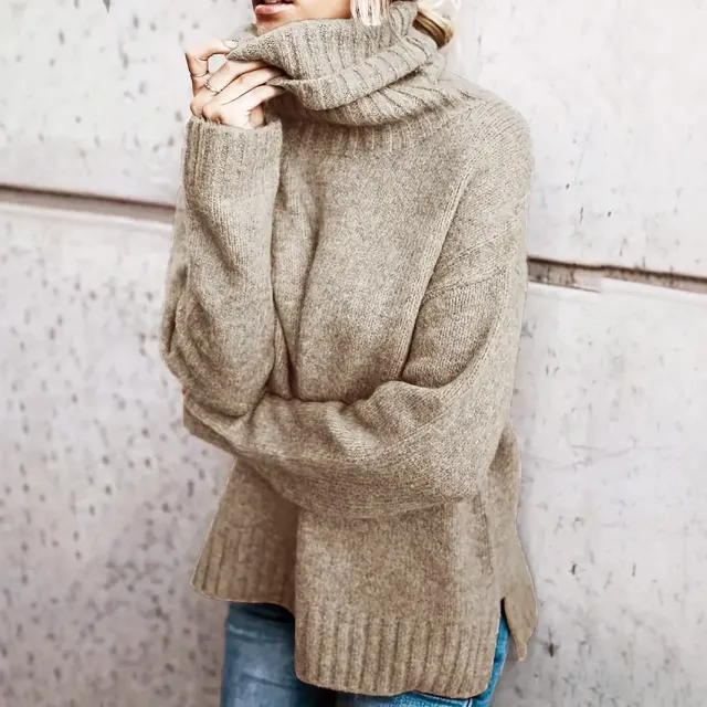 Turtleneck Autumn And Winter Laid back Long Sleeve Sweater Plus Size Women's Solid Color Elegant Khaki - Shop at LoveMi