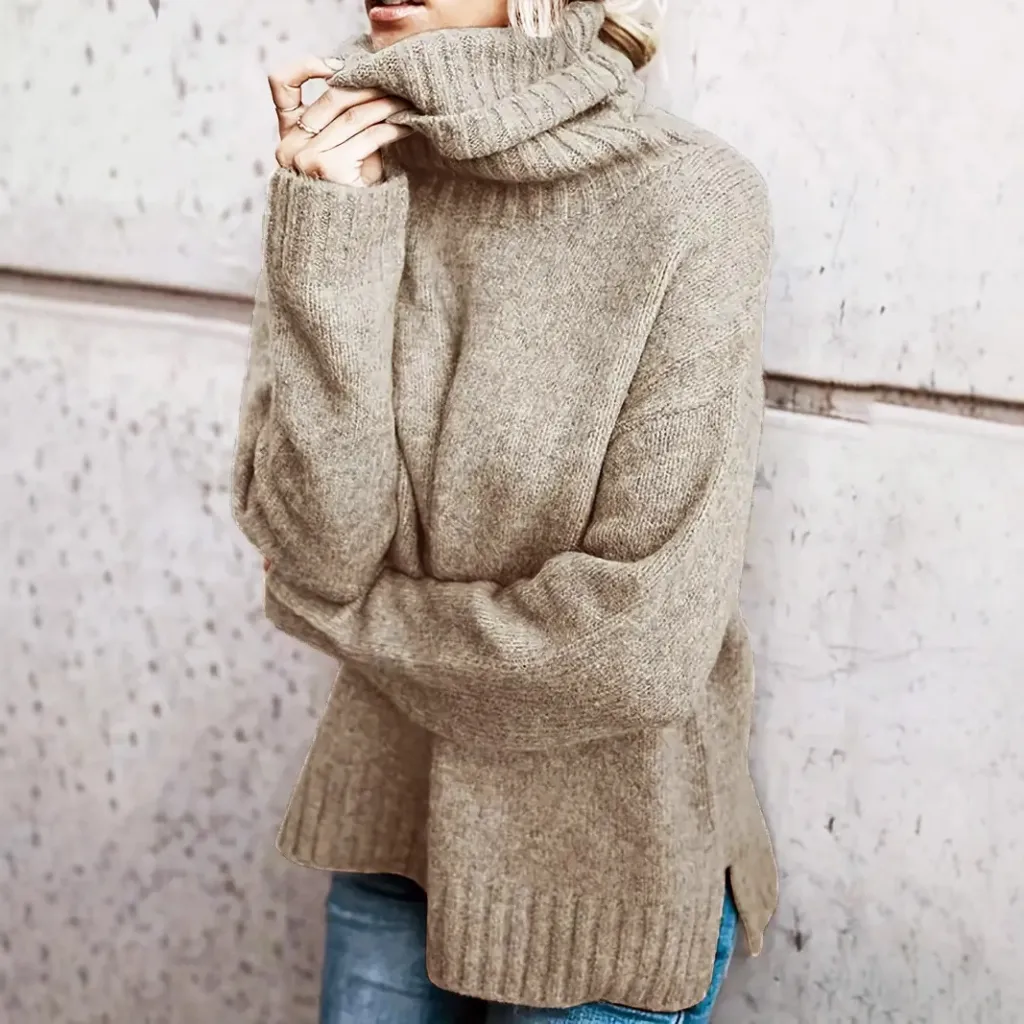 Turtleneck Autumn And Winter Laid-back Long Sleeve Sweater Plus Size Women's Solid Color Elegant - Khaki