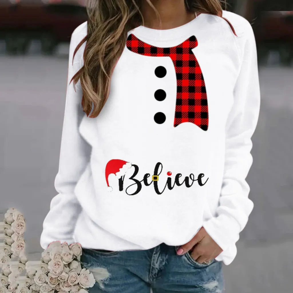 Christmas Pattern Printing Long Sleeve Crew Neck Sweater Women - White