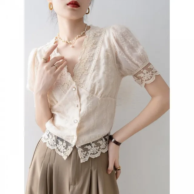 New Women's Summer Short Sleeve Chiffon Lace Shirt Top Apricot - Shop at LoveMi