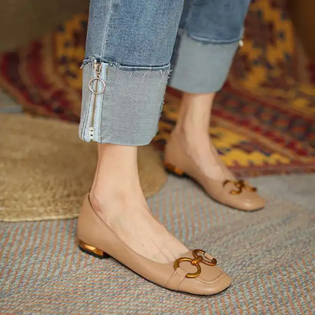 Pumps Low Heel Wanwan Lei Style Shallow Mouth Metal Flat Shoes Apricot - Shop at LoveMi