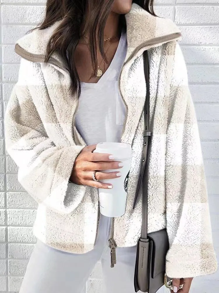 Plush Plaid Coat Plus Size Women's Clothing - White Beige