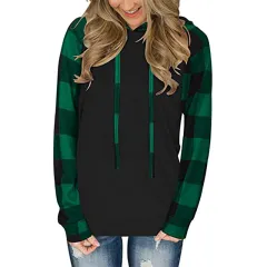 Women's Long-sleeved Color Matching Casual Plaid Hooded T-shirt - Green - View 1