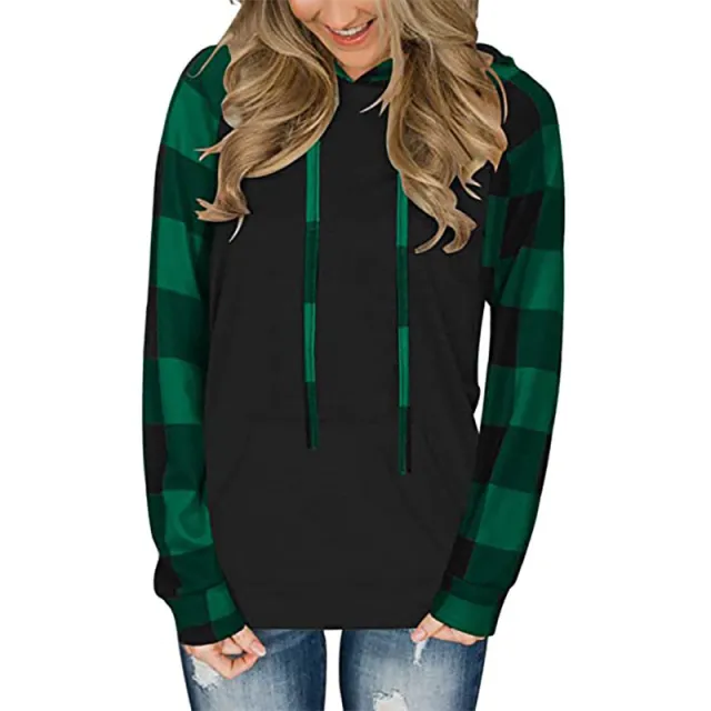 Women's Long sleeved Color Matching Casual Plaid Hooded T shirt Green - Shop at LoveMi