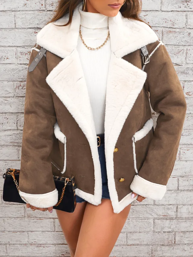 Fashion Polo Collar Plush Jacket Winter Warm Casual Jacket Brown - Shop at LoveMi