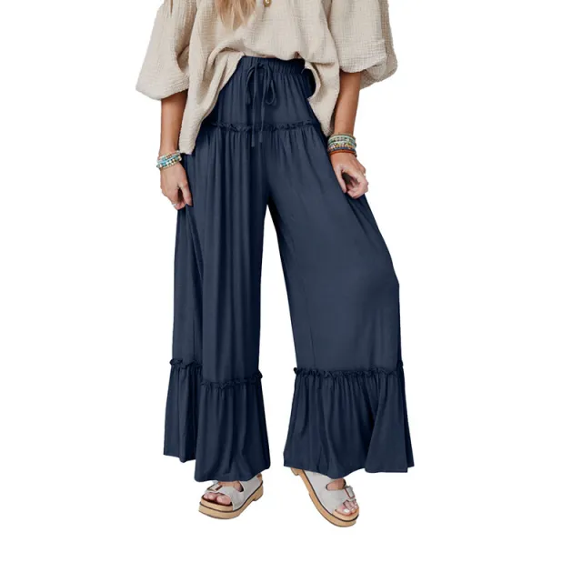 High waisted Casual Versatile Drawstring Wide leg Pants Dark Blue - Shop at LoveMi