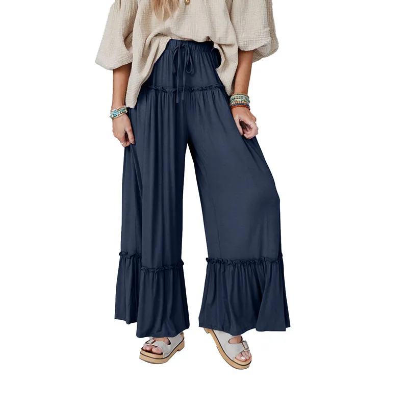 High-waisted Casual Versatile Drawstring Wide-leg Pants - Dark Blue
