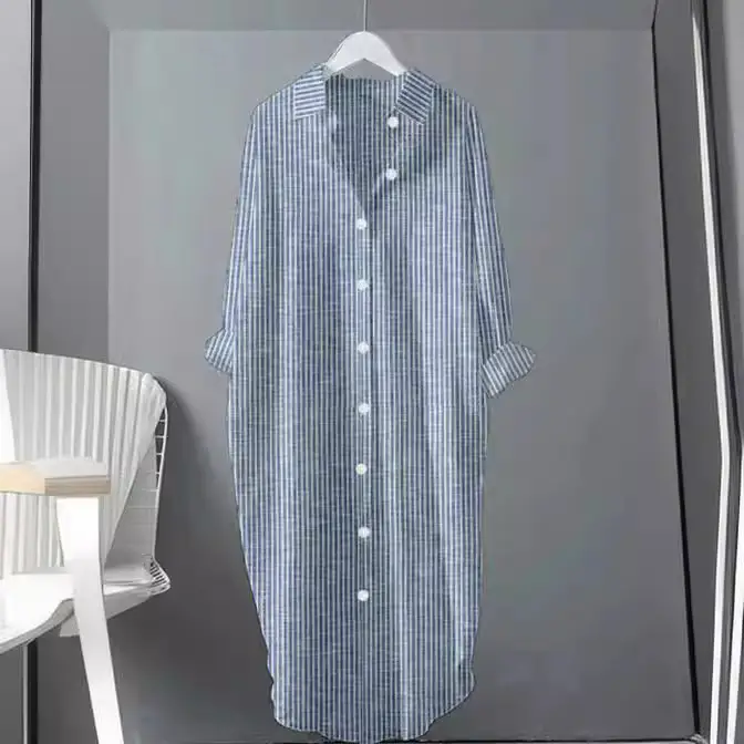 Striped Spring And Summer New All-matching Loose Casual Top Mid-length Shirt Dress
