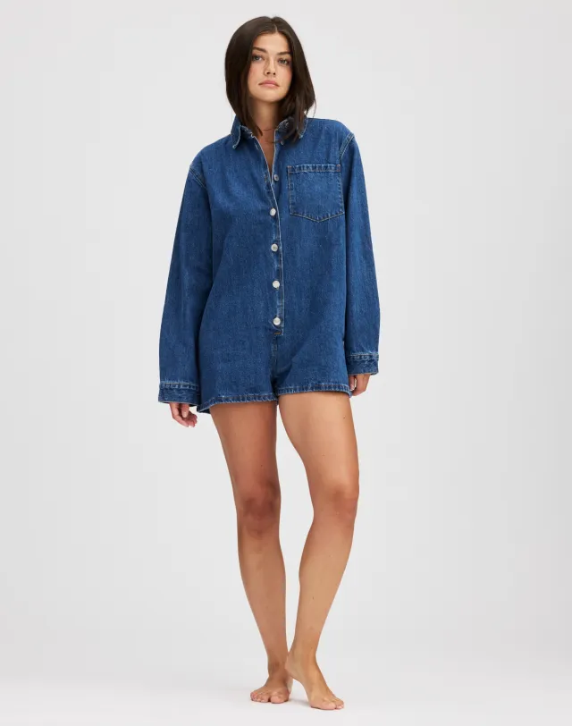 Retro style Relaxed fit Womens Top With A Turn down Collar And Buttons Blue - Shop at LoveMi