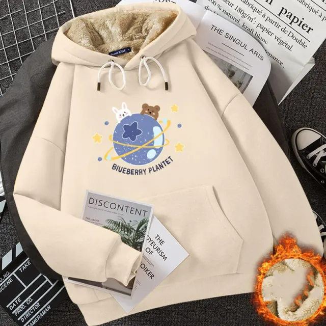 Cashmere Hoodie Women's Fleece lined Thickened Beige Planet Rabbit - Shop at LoveMi