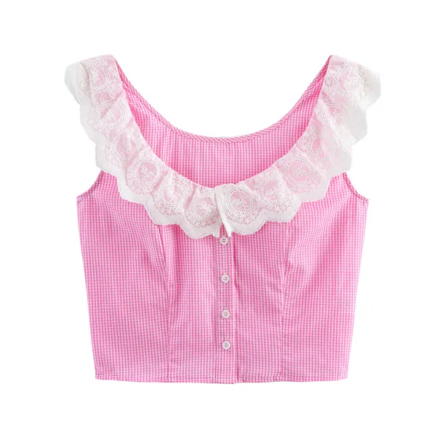 Sweet Style Sleeveless Vest Strap American Style Lace Plaid Strap Top - Shop at LoveMi