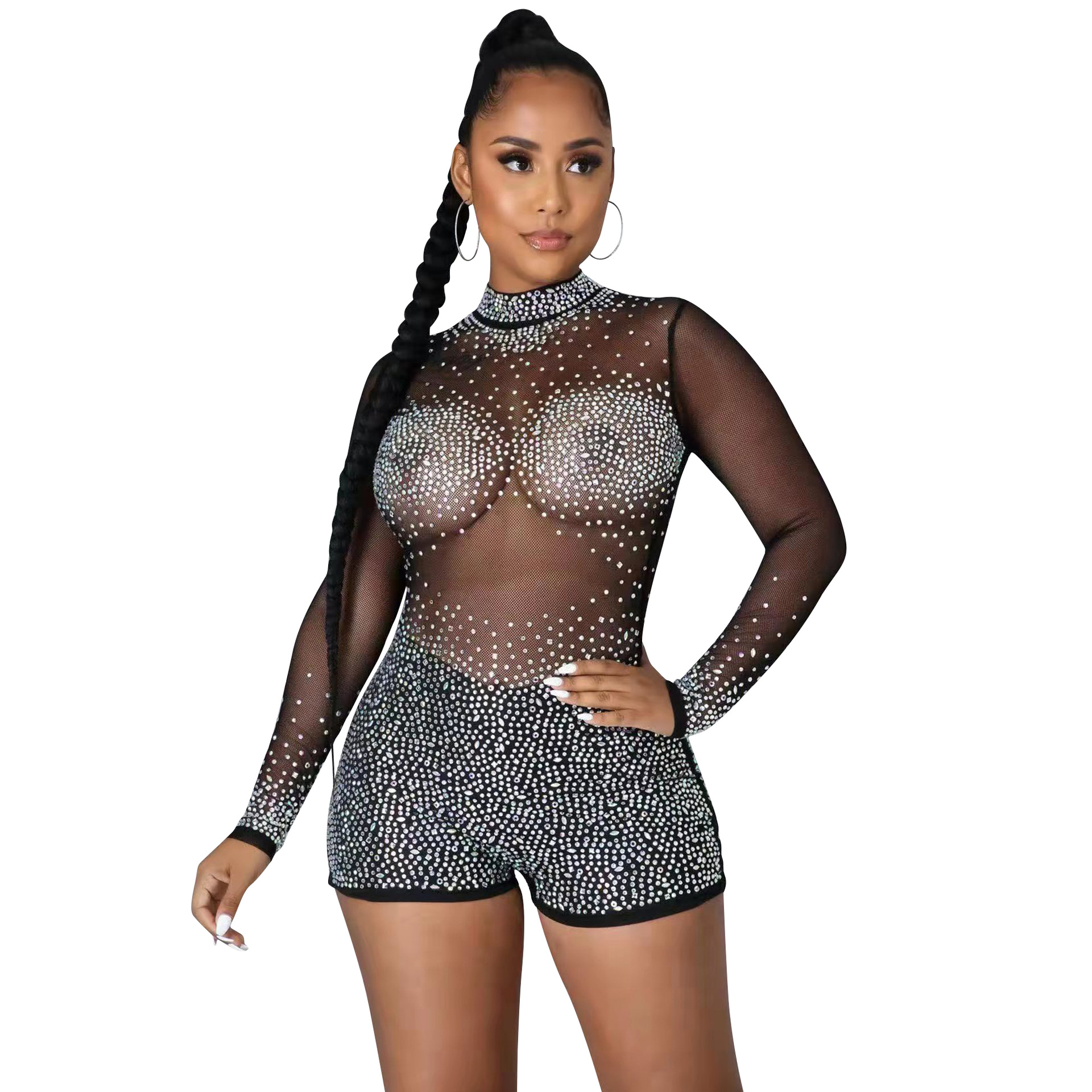 Round Neck Long Sleeve Nightclub Party Hot Drilling See-through Jumpsuit