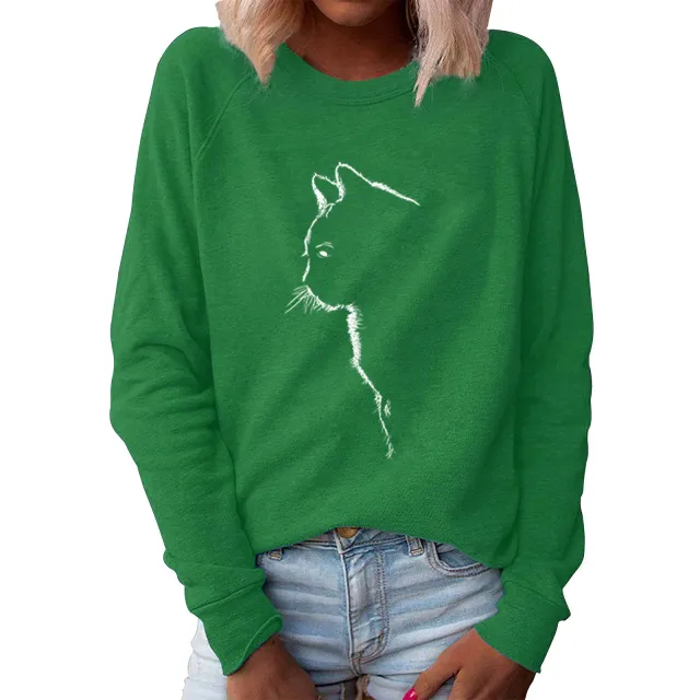 Cat Creative Printing Round Neck Long Sleeve Sweater For Women Green - Shop at LoveMi