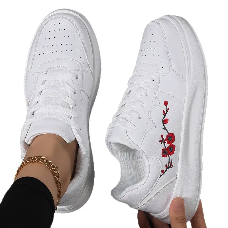 Women's Embroidered All-Match Flat-Heel Casual White Shoes
