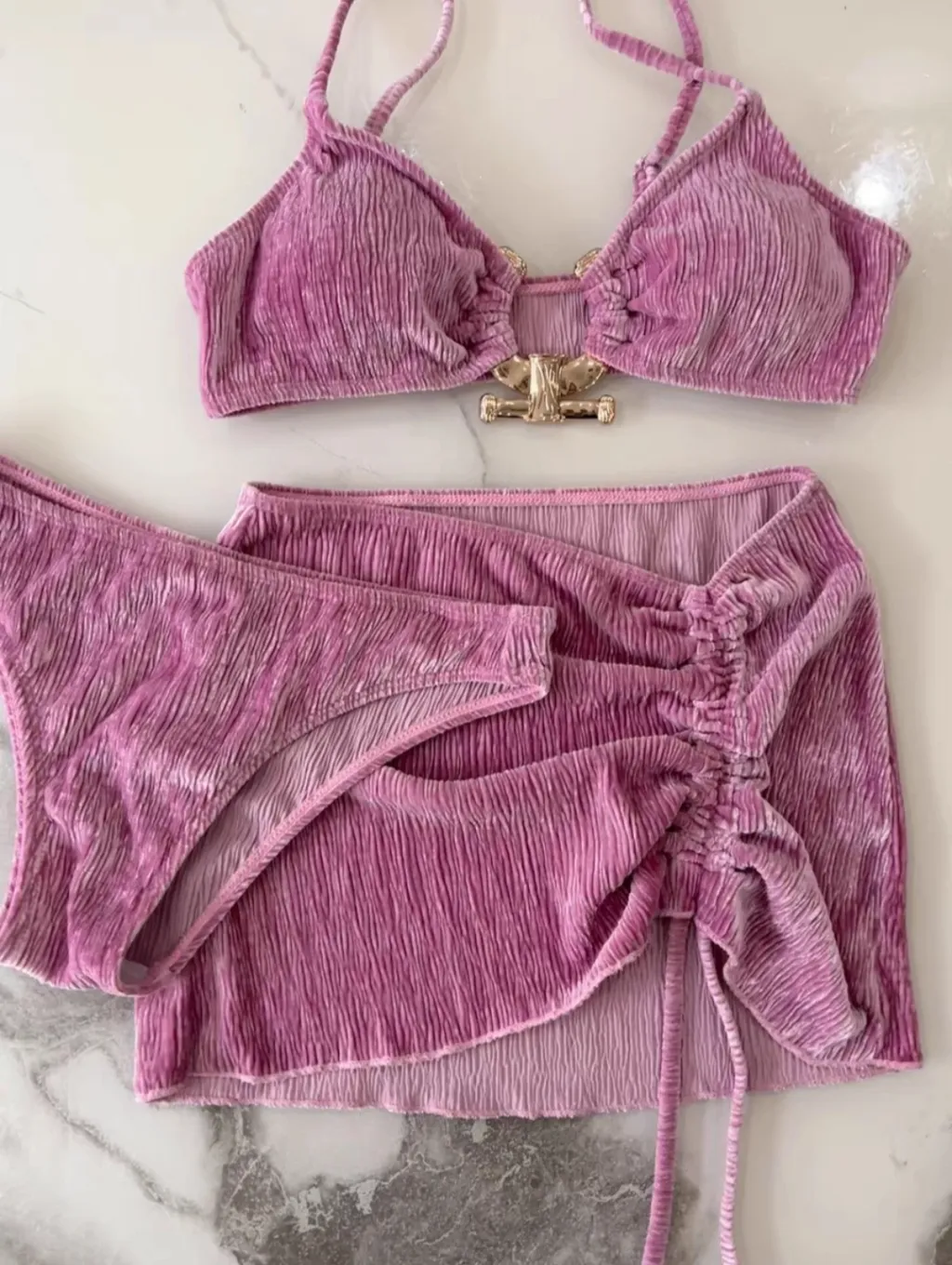 Velvet Pure Desire Bikini Net Red Thai Swimsuit Draw Rope Three-piece Set - Pink