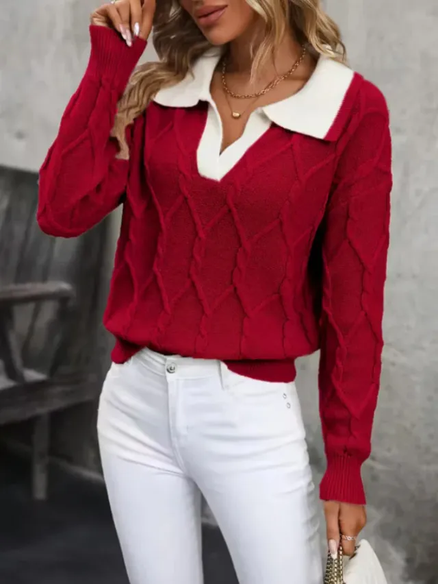 Women's Lapel Long Sleeve Contrast Color Knitted Sweater Red - Shop at LoveMi