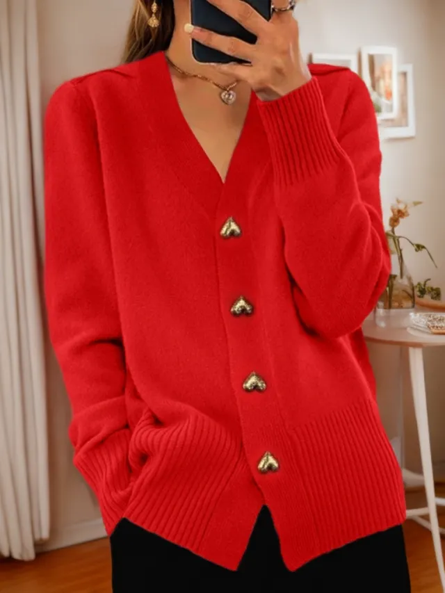 V neck Knitted Sweater With Love Button Fashion Solid Long sleeved Cardigan Spring And Autumn Women's Clothing Red - Shop at LoveMi