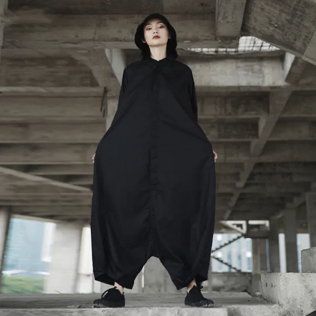 Simple Single breasted Black Jumpsuit Women's Loose Batwing Sleeve Trousers Black - Shop at LoveMi
