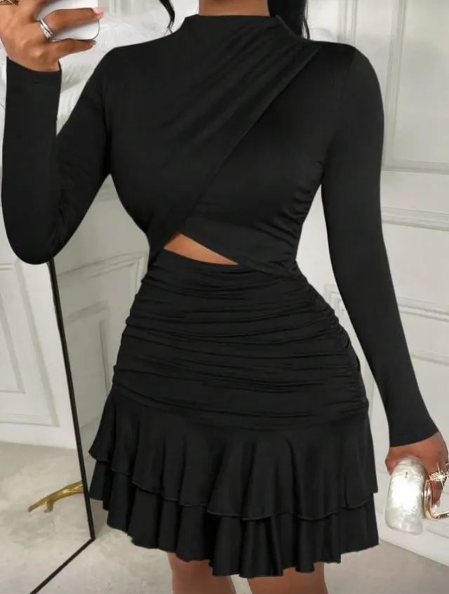 Women's Long Sleeved Ruffle Asymmetrical Pleated Slim Mini Skirt Black - Shop at LoveMi