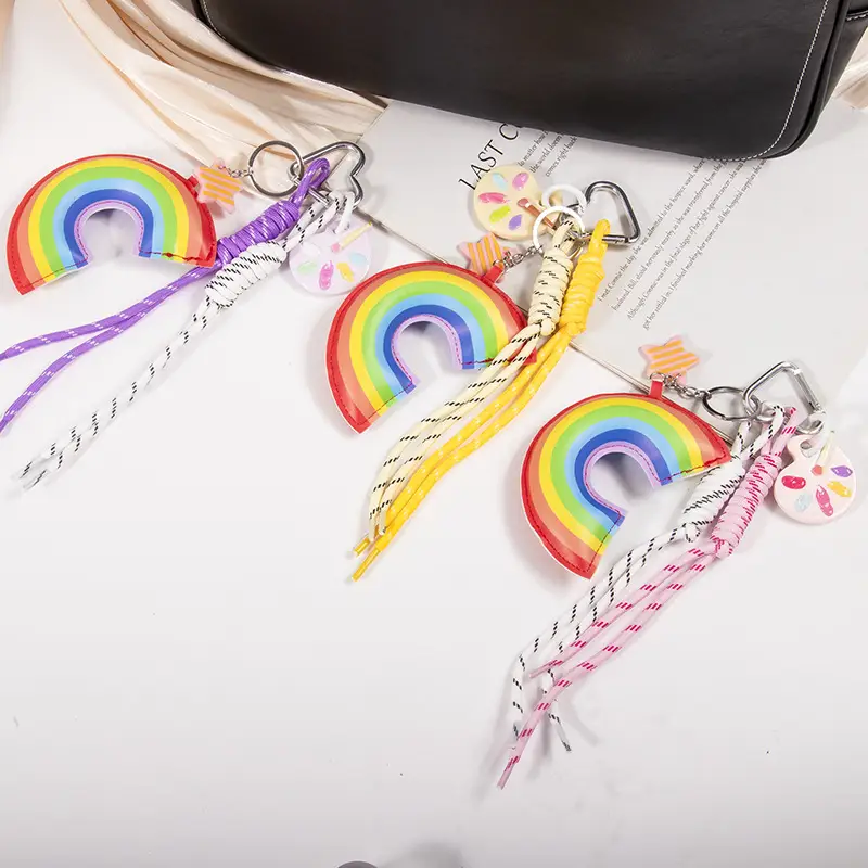 Ins Leather Cotton-filled Rainbow Palette Ornaments Braided Rope Handbag Pendant