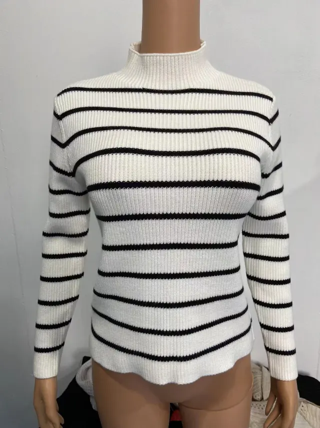 Fashion Long Sleeve Sunken Stripe Turtleneck Casual Slim Striped Sweater White - Shop at LoveMi