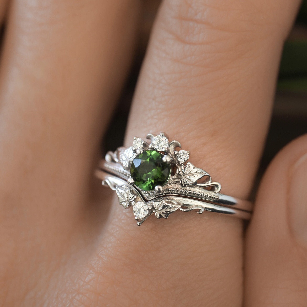 Silver Inlaid Green Zircon Branch Crown Couple Rings Female Accessories
