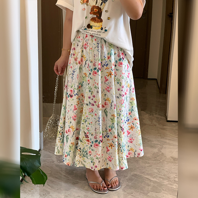 Plus-size Womens Versatile Elastic-waist Floral Skirt, Midi Skirt