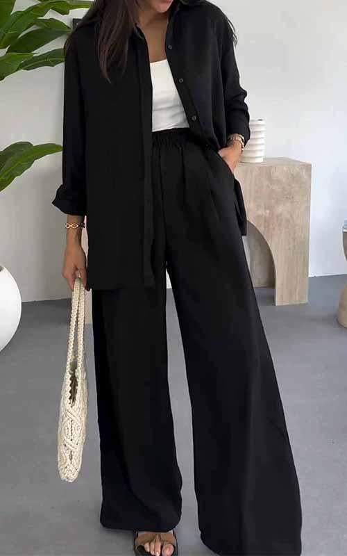 Fashion Solid Color Loose Top Casual Wide Leg Pants Two-piece Set - Image 9