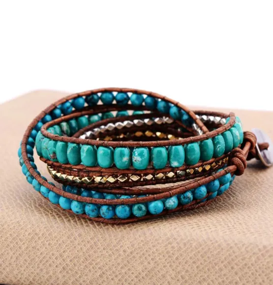 Bohemian Style Cut Angle Turquoise Bracelet Ornament Three layer Winding Handmade Woven Leather String Bracelet Blue - Shop at LoveMi