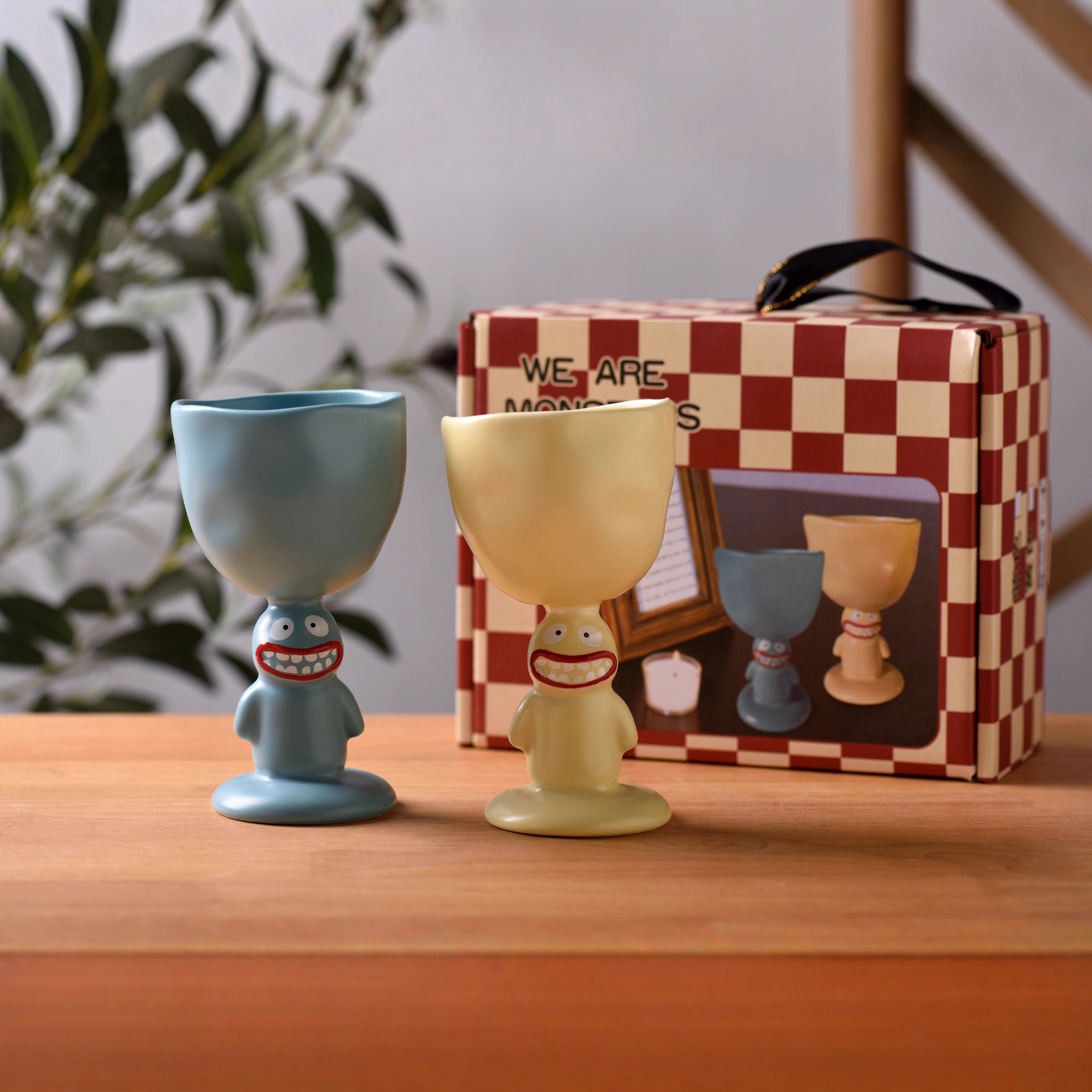 Creative And Cute 3D Clay Monster shaped Hand painted High footed Glass