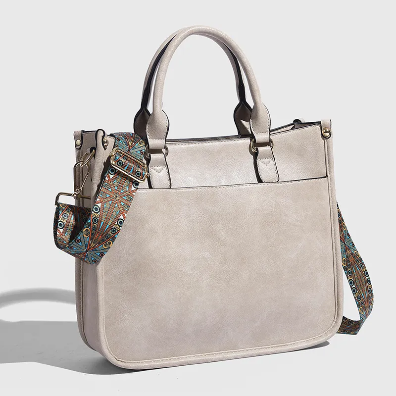 Soft Leather Large Capacity Crossbody Shoulder Tote Bag - Beige