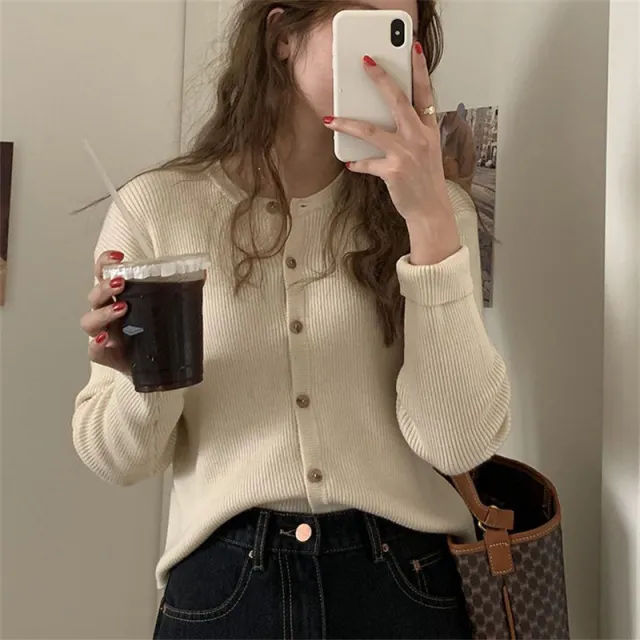 Retro Crew Neck Flavor Knitted Cardigan Top Beige - Shop at LoveMi