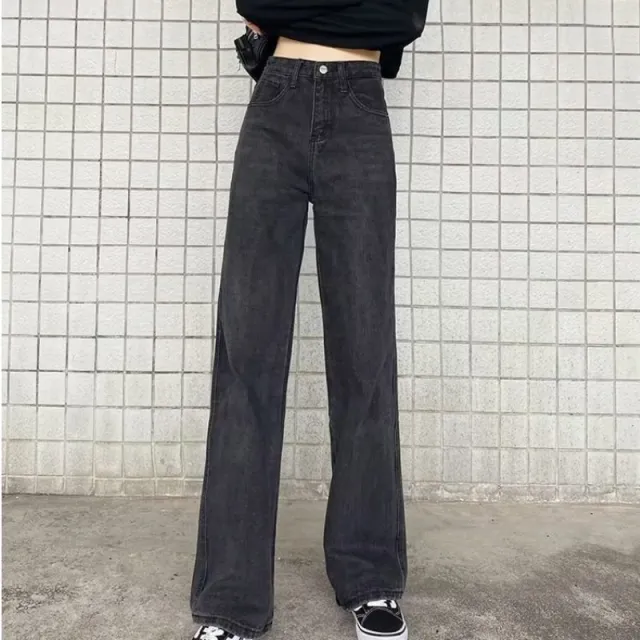 High Waist Wide Leg Jeans Slim Mop Straight Retro Hanging Black And Gray Straight - Shop at LoveMi