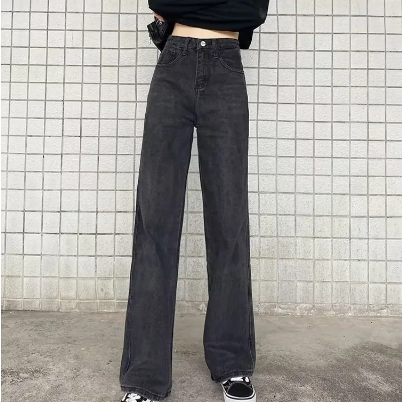 High Waist Wide Leg Jeans Slim Mop Straight Retro Hanging - Black