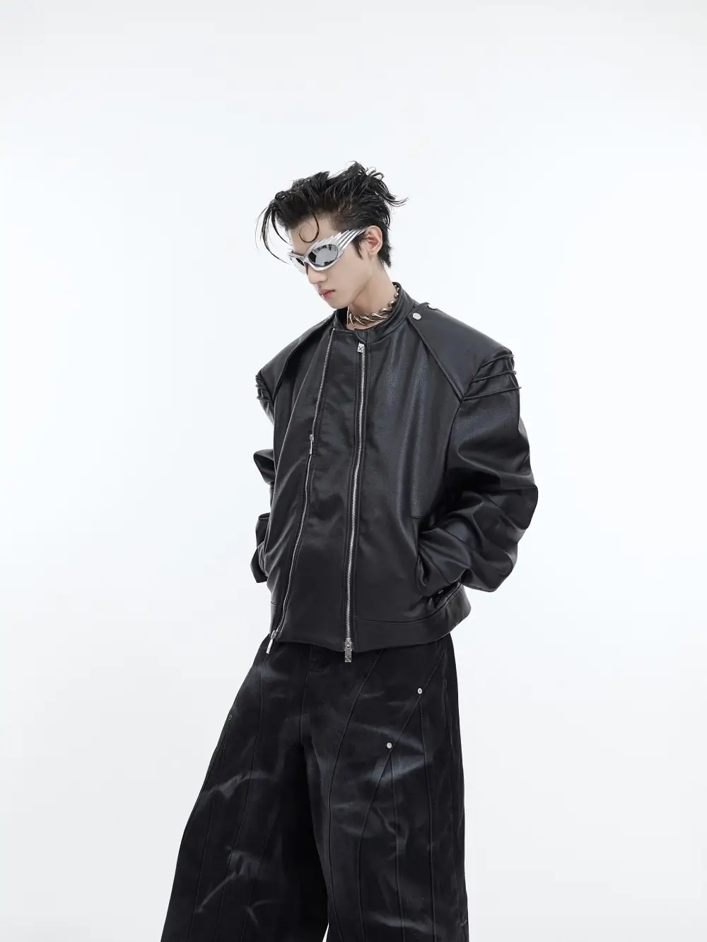 Double Zipper Split Design PU Leather Jacket Coat