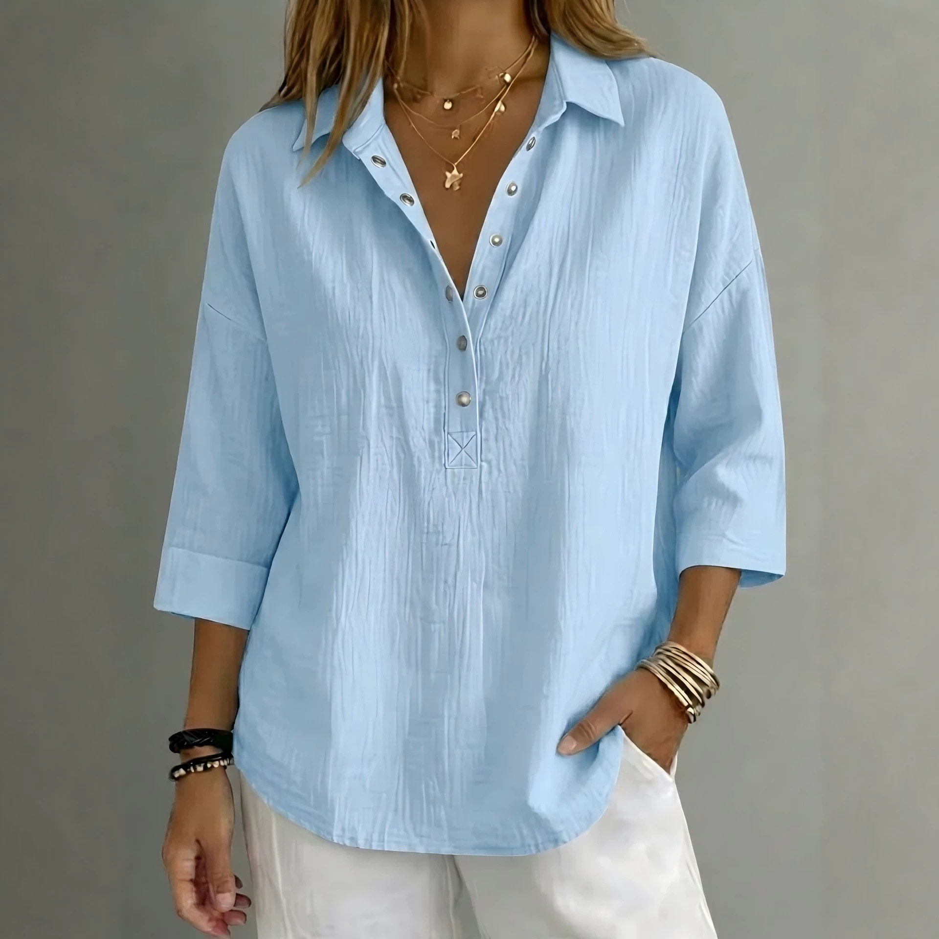 Womens Loose-fit Lapel Solid-color Shirt