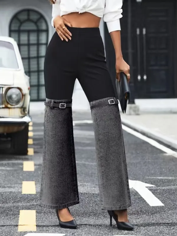 Fashion Slim Knit Denim Stitching Elastic Waist Stitching Denim Gray - Shop at LoveMi