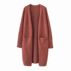 Mid-length Sweater Women's Solid Color V-neck Knitted Jacket - Brick Red - View 1