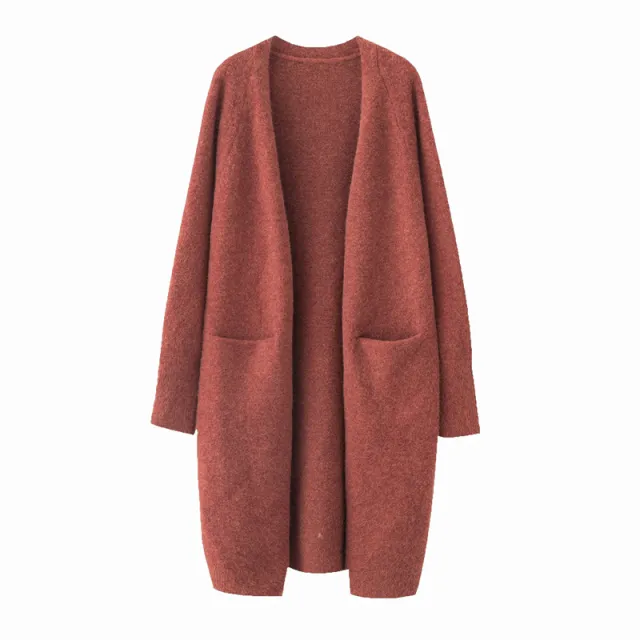 Mid length Sweater Women's Solid Color V neck Knitted Jacket Brick Red - Shop at LoveMi