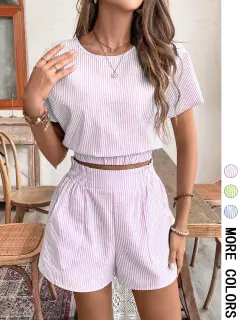 Summer Stripes Printed Batwing Sleeve Short Top And Shorts - Pink - View 1