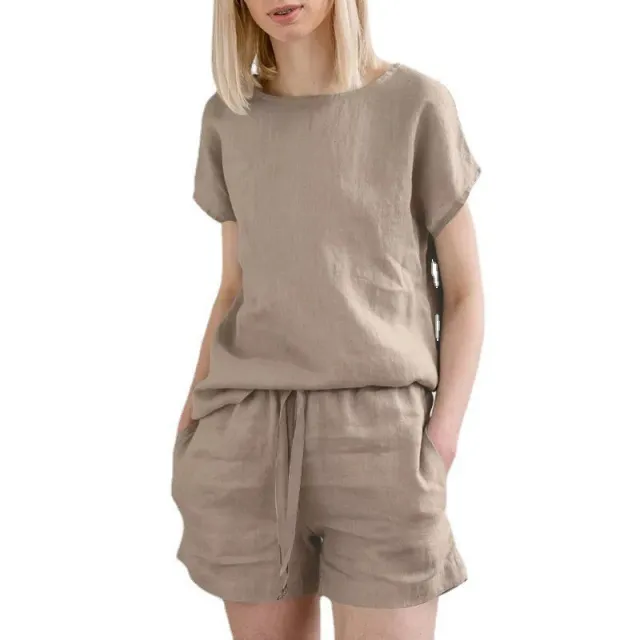 Short Sleeve Cotton Linen Retro Fashion Solid Color Top Shorts Suit Brown - Shop at LoveMi