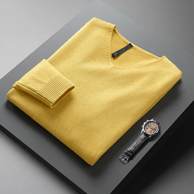 Men's Solid Color And V neck Sweater Men's Autumn And Winter Yellow - Shop at LoveMi
