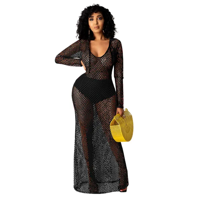 Hollowed Cover Long Skirt Bikini Swimwear Cover up Black - Shop at LoveMi