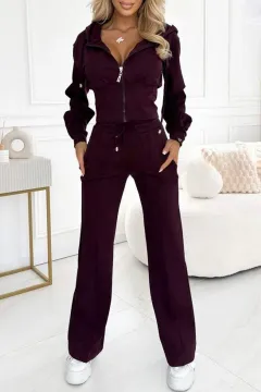Fall Winter Hooded Zipper Jacket Tight-fitting Solid Color Two-piece Set - Wine - View 1