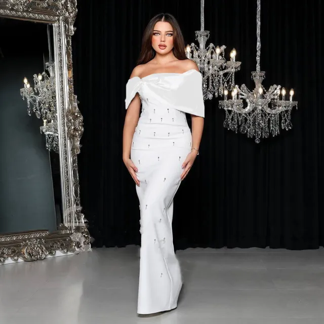 Bandage Dress With Diamond Embellished Bustier Long Gown 3171 White - Shop at LoveMi
