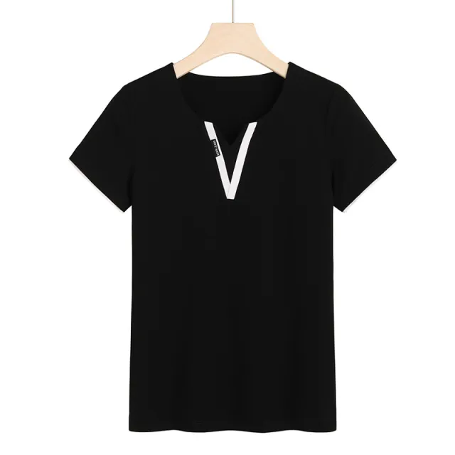 Early Spring And Summer Short sleeved Undershirt V neck Patchwork Fashion Black - Shop at LoveMi