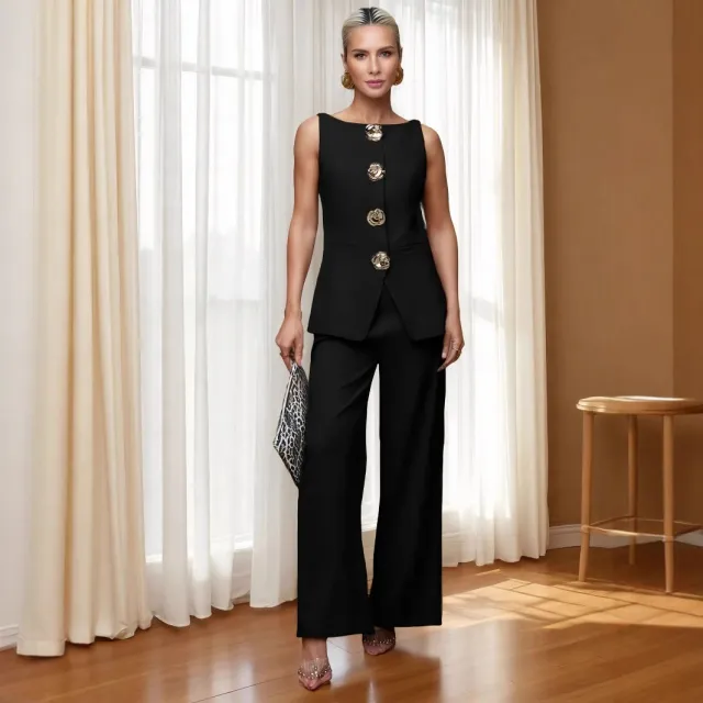 Women's Fashion Golden Button Vest Pants Casual Suit Black - Shop at LoveMi