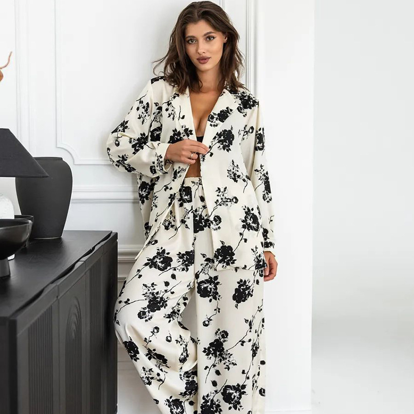 Womens Casual Stylish Autumn Printed Loose-Fit Long-Sleeve Pants Set For Home Wear